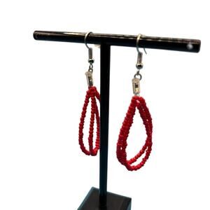 Chic Red Beaded Dangle Drop Loop Earrings